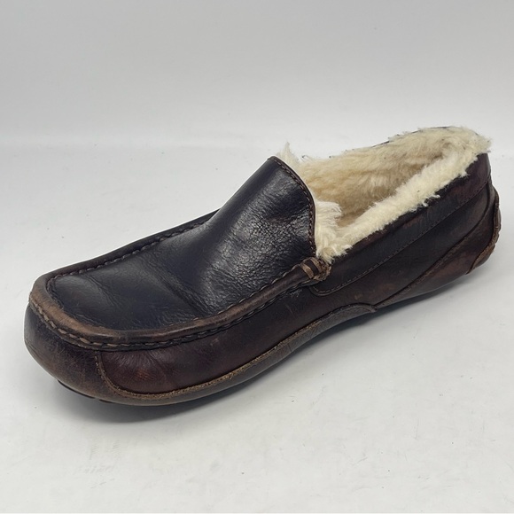 UGG Ascot Slippers Mens 8 Brown Leather Sheepskin Slip On Fur Lined Moccasion - Picture 8 of 15
